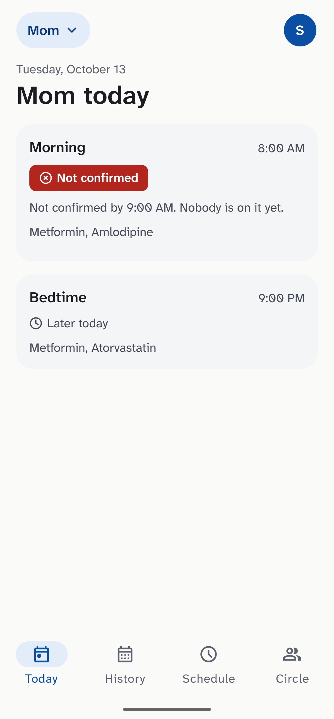 The family's Today screen: Morning not confirmed, Bedtime later today.